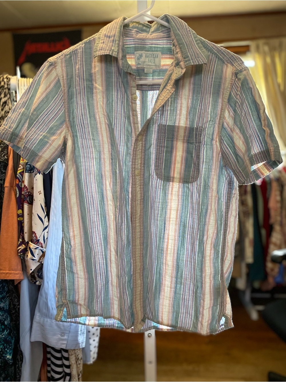 American Eagle Outfitters Men’s Short-Sleeve Striped Button-Up Shirt - Multi